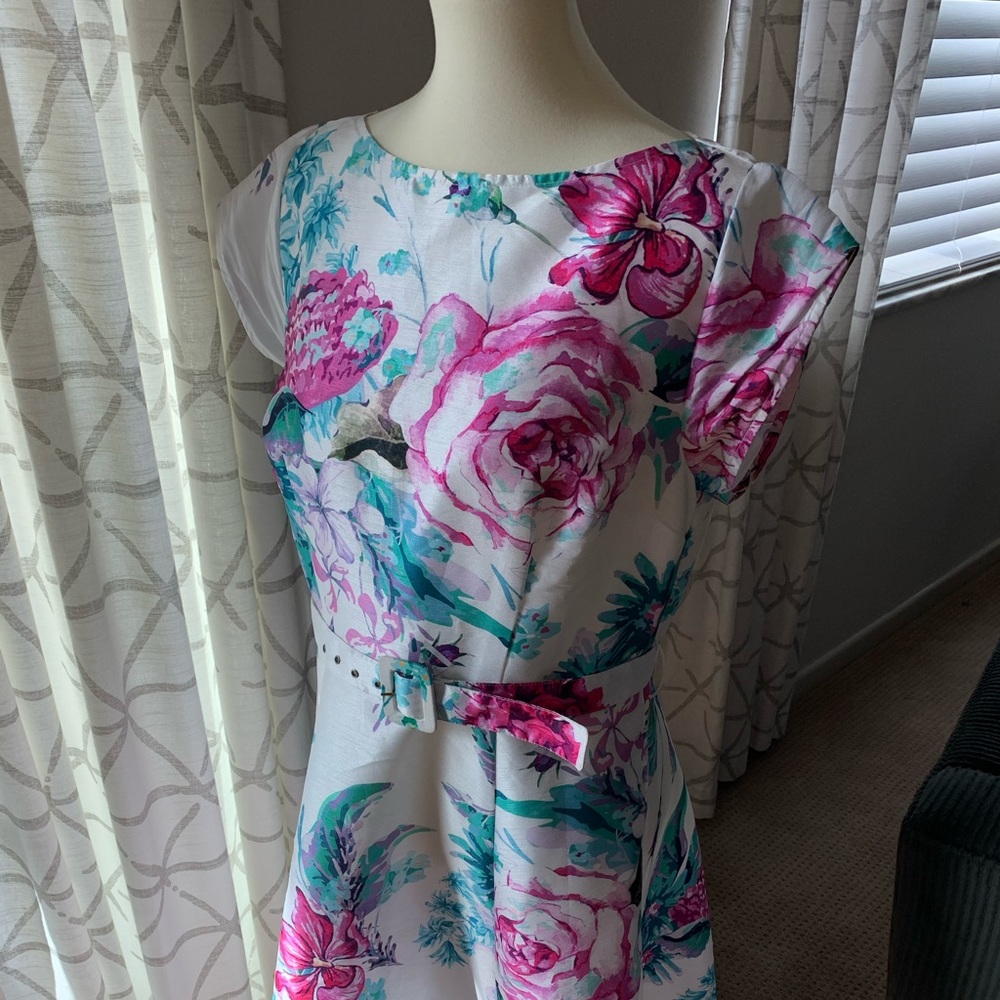 Dress midi length, white with colorful flowers